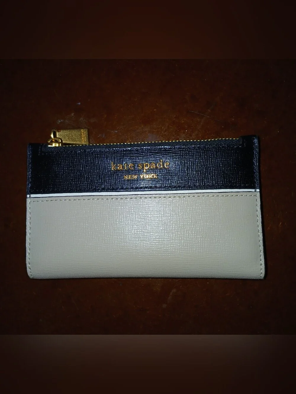 Kate Spade Two-Tone Saffiano Leather Zip Slim Wallet Navy & Cream